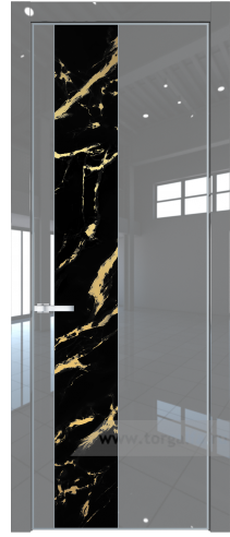 Дверь со стеклом ProfilDoors 19LA Нефи черный узор золото с профилем Серебро (Грей люкс)
