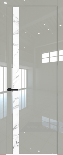Дверь со стеклом ProfilDoors 18LW Нефи белый узор серебро с молдингом Черный матовый (Галька люкс)