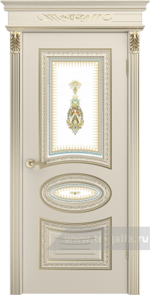 Дверь со стеклом Шейл Дорс Лира Luxury В2 2-2 патина Белое золото (Шампань)